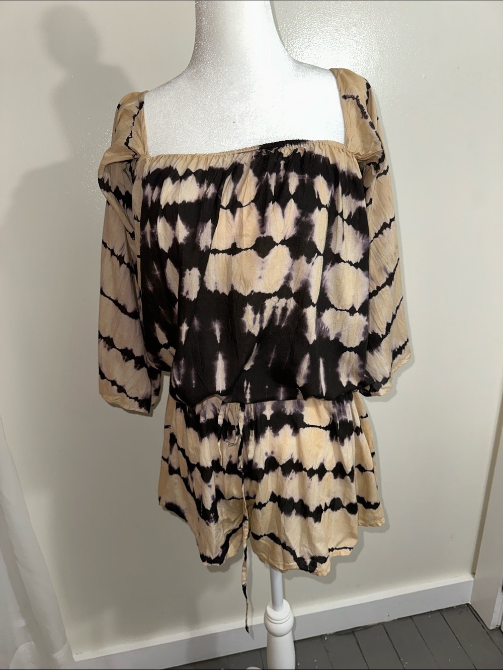 Elan Beige and Black Tie-Dye Romper